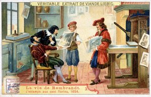 レンブラント（1606-1669）の生涯を描いたリービッヒのカラーリトグラフ。これは1654年の100ギルダープリント。 作： Unknown artist