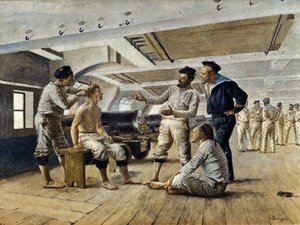 フランスの軍艦での生活：船床屋が水兵の髭を剃る、1800年頃 作： Unknown artist
