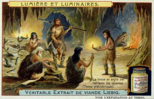 光と照明器具：先史時代に洞窟の住人が使っていた粘土製のランプ。リービッヒ・エンブレムのイラスト。 作： Unknown artist