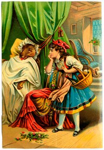 祖母のベッドで狼を発見する赤ずきんちゃん (Chromolithography late 19th century) 作： Unknown artist