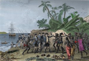 ブーゲンビルのルイ・アントワーヌ（Louis-Antoine）、フランスの航海士（1729-1811）、タヒチのマルキーズ諸島で演説（4月6日 作： Unknown artist