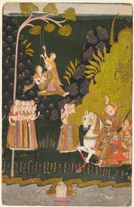 マーワールのマハラジャ アバイ シン (r. 1724–49)、馬術、女の子がスイングするのを見る ティージ・フェスティバルで 作： Unknown artist