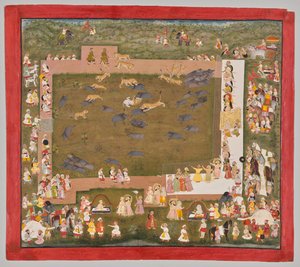 Mewar の Maharana Sangram Singh II (r. 1710–34) と、Sadr で虎とのイノシシ狩りを上演 作： Unknown artist