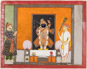 コタのマハラオ ラム シン II (r. 1828–66) が花婿として Brij Nathji を崇拝 作： Unknown artist