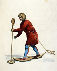 シベリアのオスティアク族（ハンティまたはハンテ）の男性のスキー姿。1803年にロンドンで出版された「The costume of the russian empire（ロシア帝国の衣装）」に掲載された版画。