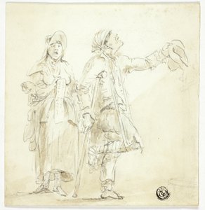 松葉杖をついて物乞いをする男性、女性が歌って赤ちゃんを抱く 作： Unknown artist