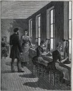 金属製フェザーの製造：19世紀のフランスのデコパージュ工房。Adolphe BITARDの "Les arts et metiers illustres "に掲載された1885年の図版。 作： Unknown artist