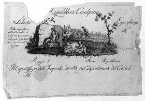 1797年6月27日にナポレオン・ボナパルトがイタリアでフランスをモデルにして創設し、1802年にイタリア共和国となったシサルピーナ共和国（Cisalpina）の地図。そこにはフランス共和国の価値観が謳われている（Liberte, Egalite）。エングレービング Museo del ri 作： Unknown artist
