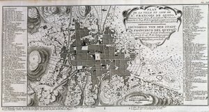 キト市とサン・フランソワ市の地図-「スペイン王の命によりドン・ジョージ・ファンとドン・アントワーヌ・ド・ウロアが行った南アメリカの歴史的旅」T.1、C.A.Jombert, Librairie du Roi, Parisにある。 作： Unknown artist