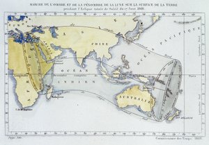 1868年の日食時に月の影と暗さが地表にどのように現れたかを示す経度局発行の地図 作： Unknown artist