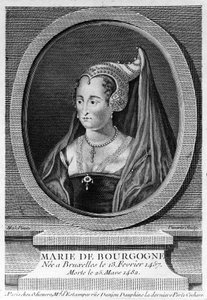 マリー・オブ・ブルゴーニュ（1457年～1482年）、シャルル大帝の娘でマクシミリアン・オブ・オーストリアの妻。19世紀のエングレーヴィング。 作： Unknown artist