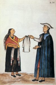 トルヒーリョ司教バルタサル・マルティネス・コンパニオン・イ・ブジャンダ（1782-1785）の著書「トルヒーリョ・デル・ペルー」（「Códice Martínez Compañón」）に掲載されているインディアンの婚礼、花嫁の衣装についての交渉。 作： Unknown artist