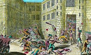 1792年9月、サンジェルマン修道院の囚人たちが民衆に虐殺される。フランス革命の風景。18世紀のエングレーヴィング。個人蔵。 作： Unknown artist