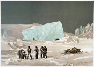 エドワード・ムース博士による「北極海の岸辺、北極探検の物語」（Marcus Nard & Co, London）の中の「氷上の人とそり」。 作： Unknown artist