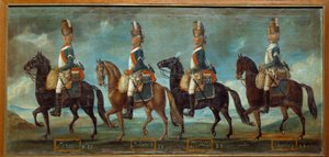 1779年の命令に従ったドラゴンの軍服：ラナン（n.20）、ベルサンセ（n.21）、ラングドック（n.22）、ショムバーグ（n.24）の連隊 1779年の匿名の絵画。パリ、軍隊博物館（Musee de l