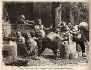 ライスビールを作るために醸造する前の米を搗くミトロン。1863年から1864年にかけてスイス連邦公使アイム・アンベールが行った日本への航海を描いたもので、1869年にエドワール・シャルトンが編集した「Le tour du monde」に掲載されている。 作： Unknown artist