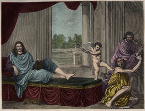 モリエール ジャン・バティスト・ポークリン（1622-1673） 悪徳を倒し、偽善を貶める喜劇の精霊を呼び起こす - 17世紀に消失した絵画の後のエングレーヴィング 作： Unknown artist