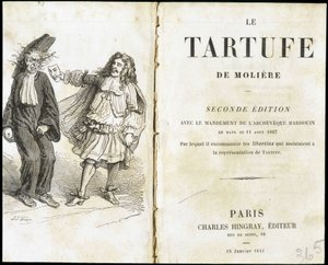 劇場用の仮面を使って教会の人を怖がらせるモリエール - Frontispice du "Tartuffe" (Tartufe) de Molière, ed. Hingray, Paris 作： Unknown artist