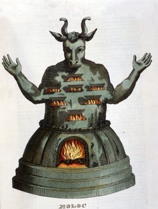 モロク。古代カルタゴの神。我々は子供を炎の中に投げ込んで彼に生け贄を捧げた。19世紀のエングレーヴィング。 作： Unknown artist