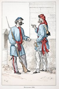 モンタニャード（1848年）。アルフレッド・レイ(1864-?)とルイ・フェロン(1862-?)がセーヌ川警部のルイ・ルピーヌ(1846-1933)の後援で出版した本「平和の戦士たちの歴史」の挿絵のためのカラー・エッチング。 作： Unknown artist