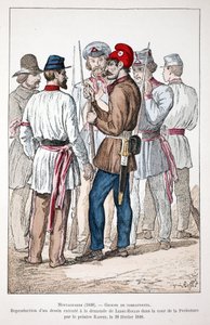 モンタニャール（1848年）、戦闘員の一団、そのうちの一人はフリジア帽と革命のコケシをつけている。Eau forte en couleurs」は、アレクサンドル・レドゥル＝ロラン（レドゥル＝ロラン）（1807-1874）の依頼を受けて、中庭に描かれた絵の複製です。 作： Unknown artist