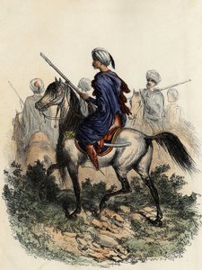 1831年に訓練されたアルジェの農村警察を担当するムーア人のジャンダルム（野戦軍人）。 作： Unknown artist