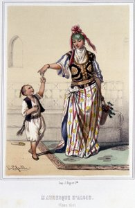 19世紀後半、アルジェの自宅で子供を連れたムーア人女性。 作： Unknown artist