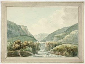 急流に架かる橋のある山の町 作： Unknown artist