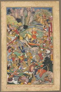 インドを再征服する前にアフガン人を破るムガル帝国の支配者フマユーン、アブール ファズルのアクバル ナマ (アクバルの書) のフォリオ (インド、1551–1602)