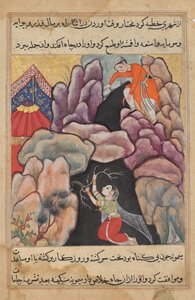 ムフタールは妻のマイムナを穴に投げ込むが、彼女はトゥティナマ (オウムの物語) から身を守る: 二十五夜 作： Unknown artist