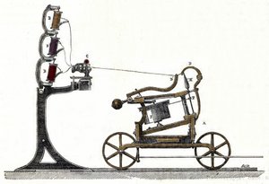 ミュール-ジェニー、綿紡績機。19世紀のものです。 作： Unknown artist