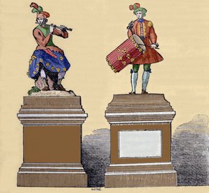 音楽家のオートマトン。「トラヴェルシエール・フルート奏者」（1737年）と「タンバリン奏者」（1738年）。フランス人技師ジャック・ドゥ・ヴォーカンソン（1709-1782）が製作した。 作： Unknown artist