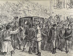 セルビアのナタリア（1859-1941）。1875年から1882年までセルビア王女、1882年から1889年までセルビア王妃。ナタリー王妃のセルビア追放：ジャンダルムからクーエンを救出する学生たち 作： Unknown artist