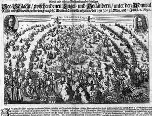 ルイ14世軍のオランダ遠征に対抗したラ・ウグーの海戦（1692年）。エングレーヴィング。18世紀 作： Unknown artist