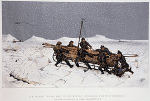 川の近く、セントローレンス湾：BruleとCape Tormentinの近くで、そりに乗ったボート - ヘンリー・バックトン・ローレンス中尉の「Sketches of canadian sports and pastimes」の中で。 作： Unknown artist