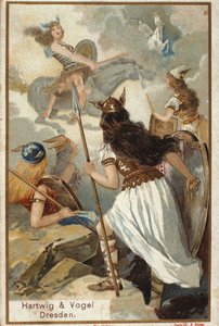 北欧の神話。ヴァルホール（またはヴァルハラ、ヴァルハラ、ヴァルハレ：勇敢な戦士が連れてこられる場所）にいるワルキューレ（処女の戦士）と戦いでの戦士の転落を描いたもの。 作： Unknown artist