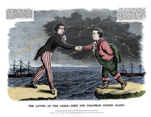 1858年8月17日、初めて大西洋を横断するメッセージが交わされた。ジョン（イギリス）とジョナサン（アメリカ）を表す2人の寓意的な人物が、ヨーロッパと新世界を結ぶ海底ケーブルの敷設成功を互いに祝福したのだ。その背後には 作： Unknown artist
