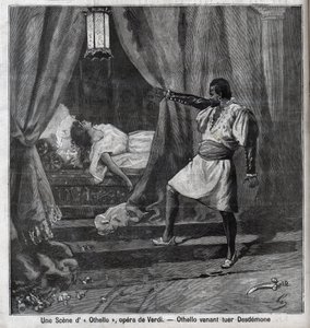 オセロはベッドでデスデモーネを殺したばかり。ジュゼッペ・ヴェルディ(1813-1901)のオペラ「オセロ」の一場面 「Le Parisien」誌に掲載された版画 作： Unknown artist