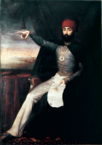オスマン帝国。スルタン・マフムード2世(1784-1839)の肖像」 指を指しているのは代表的なもので、ヤニサリーの虐殺命令を示しているのかもしれません。匿名の油絵。1808-1839年 イスタンブール、トプカプ・サライ博物館、トルコ 作： Unknown artist