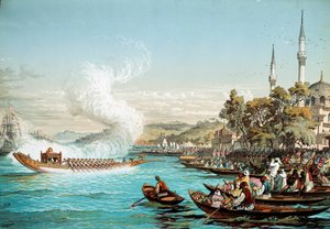 オスマン帝国：コンスタンティノープルでの海上の饗宴。19世紀のリトグラフ。パリ装飾美術図書館 作： Unknown artist