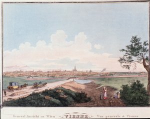 ドナウ川に架かる橋を中心としたウィーンの街の概観。オーストリア 1830年のエングレーヴィング 個人蔵
