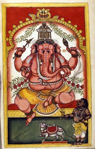 商人、旅行者、盗賊の守護神であるヒンドゥー教の神ガネーシャ（Ganesh or Ganapati）を描いたページ。Stefano Nivibus Cardeiraの写本（ms.8300）「Mogolの歴史」（MoghulまたはMoghol）から抜粋したページ。18世紀。ヴェネツィア、ビブロテカ・マルチアーナ 作： Unknown artist