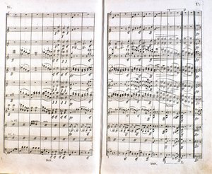 ドイツの作曲家ルートヴィヒ・ヴァン・ベートーヴェン（1770-1827）の交響曲第1番ハ長調（1799-1800）のスコアのドイツ初版のページ。ボン 作： Unknown artist