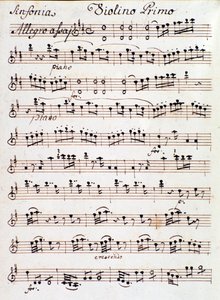 モーツァルト（1765）の交響曲第4番ニ調の第1ヴァイオリン用楽譜のページ。 作： Unknown artist