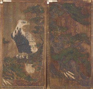 片側の松の木に鷲が描かれたドアのペア。 鹿と桜 作： Unknown artist