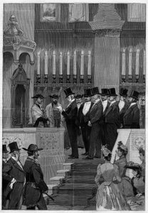 1890年のパリ。ザドック・カーン（Zadoc-Kahn）（1839 -1905）フランスの大ラビの就任。推薦状を読み上げるムッシュー・アルフォンス・ド・ロスチャイルド（1827 -1905）。