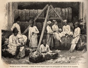 ボンベイの綿花市場のパルシー族の商人たち。アルフレッド・グランディディエが1862年から1864年に行ったインドの子午線地域での航海を説明するためのエングレーヴィング（Edouard Charton編『Le tour du monde』1869年、アシェット版、Par 作： Unknown artist