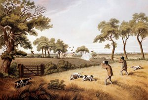 パートリッジの狩猟シーン19世紀のリトグラフ Gien, hunting museum 作： Unknown artist