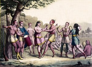 イロコイ・インディアンのパーティーシーン。17世紀のエングレーヴィング。 作： Unknown artist