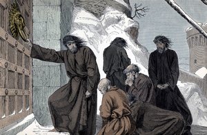 カノッサでのドイツ皇帝ヘンリー4世の懺悔 - ドイツ皇帝ヘンリー4世（1050 - 1106）a Canossa（1077年1月、イタリアのカノッサでの神聖ローマ皇帝ヘンリー4世の懺悔。雪の中に裸足で立ち、髪の毛のシャツを着ているヘンリーは、Pを説得するために 作： Unknown artist